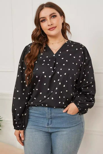Woochic Haut grande taille col en V imprimé cœur manches longues noir L